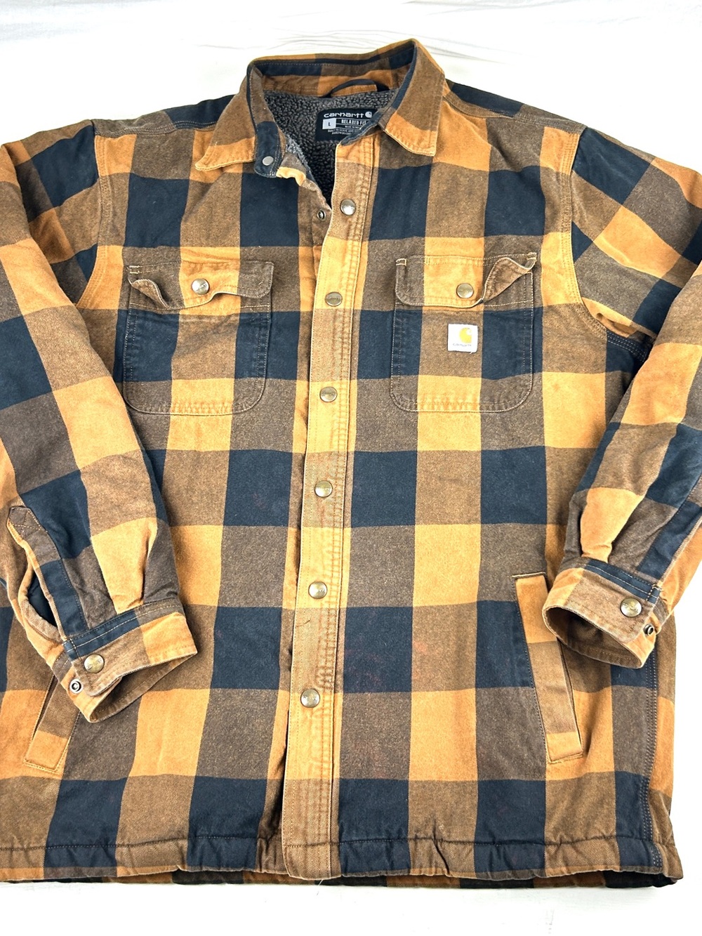 Carhartt Sherpa Fleece Lined Flannel Shirt Work Jacket Mens Large Brown Plaid